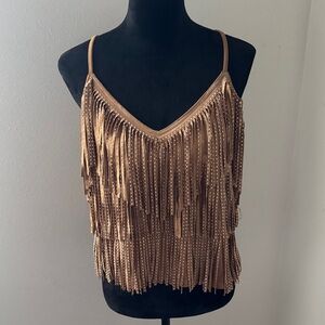 Mainstrip beaded Fringed Tan faux‎ suede Women's crop Top racer back Sz S